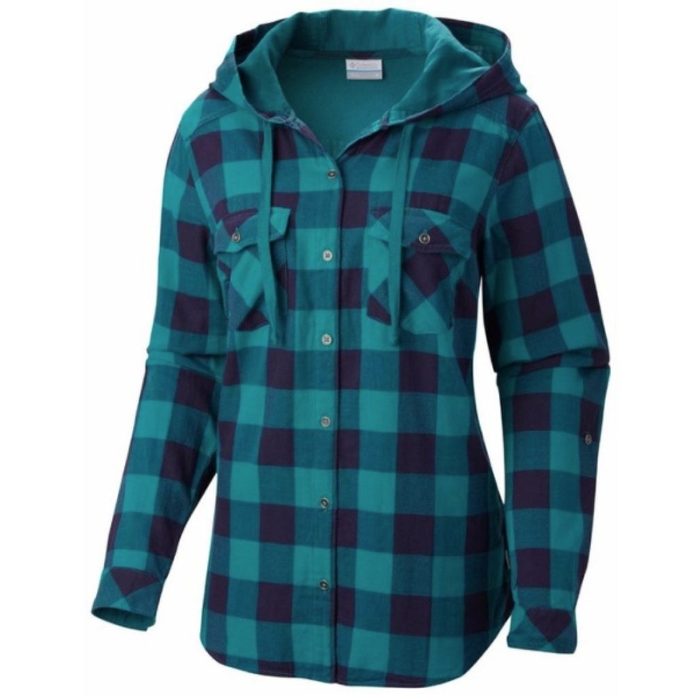 Columbia Button Up Hooded Shirt, 100% Cotton Blue/Green, Small